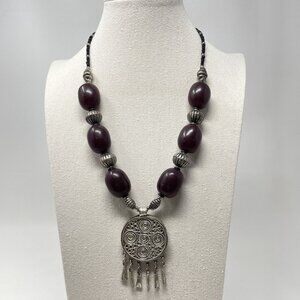 Handcrafted Boho Necklace Silver Tone Mandela Pendant Beaded Gypsy Ethnic‎